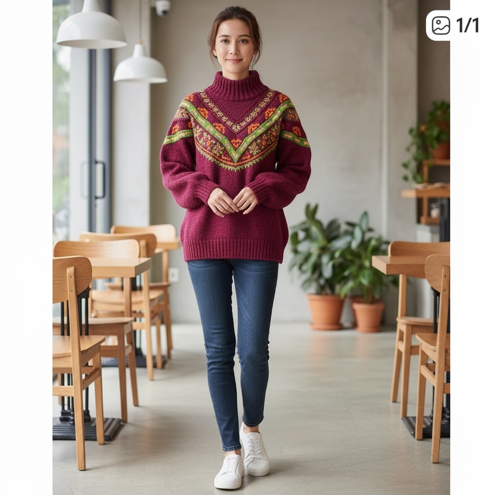 United Colors Of Benetton Vintage Shetland Wool Sweater with Vibrant Accents
